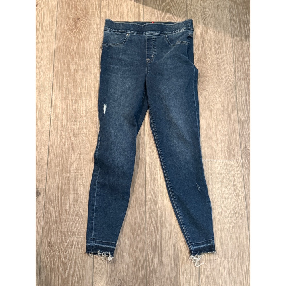 Spanx Jean-ish Ankle Leggings Medium Indigo Distressed Raw Hem Skinny Jeans M - Picture 1 of 9